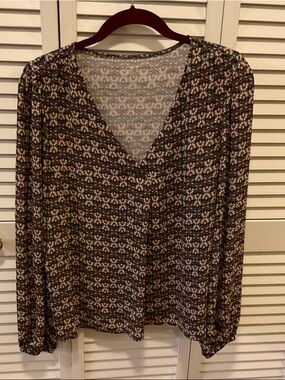 LOFT Black Multi Floral-Geometric V-Neck Long Sleeve Top